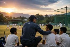 Heega-Coach mentoring young cricketers at dusk.