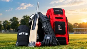 Illustration of cricket bats, helmets, gloves, pads, balls and team bags laid out beside shipping boxes and an equipment checklist at a cricket club.